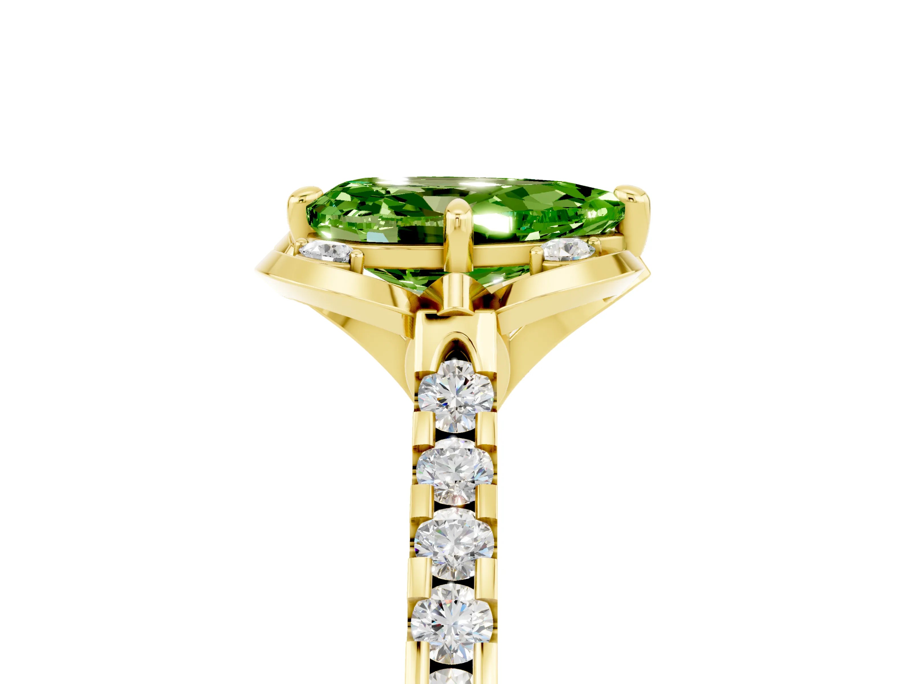 Yellow gold Pear Cut Peridot Ring with Pavé Band and Floral Prong Setting_5
