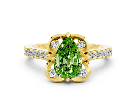 Yellow gold Pear Cut Peridot Ring with Pavé Band and Floral Prong Setting