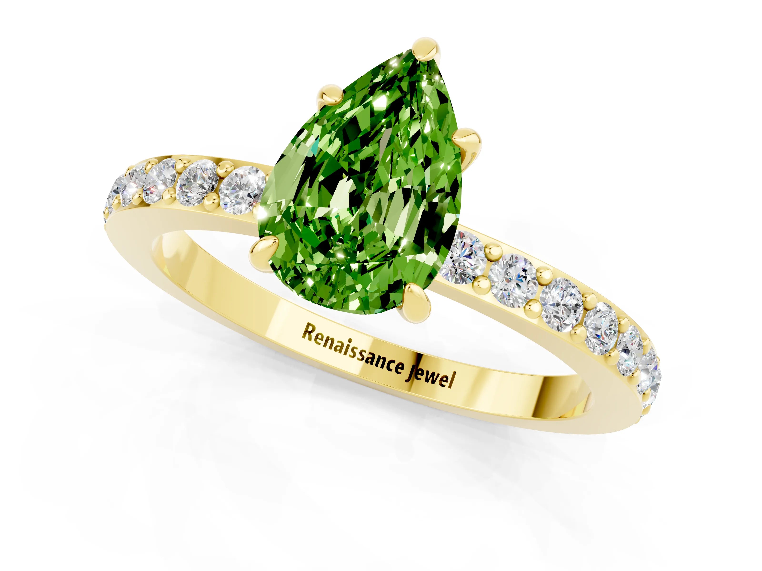 Yellow gold Pear Cut Peridot Ring with Pavé Band and Four-Prong Setting_1