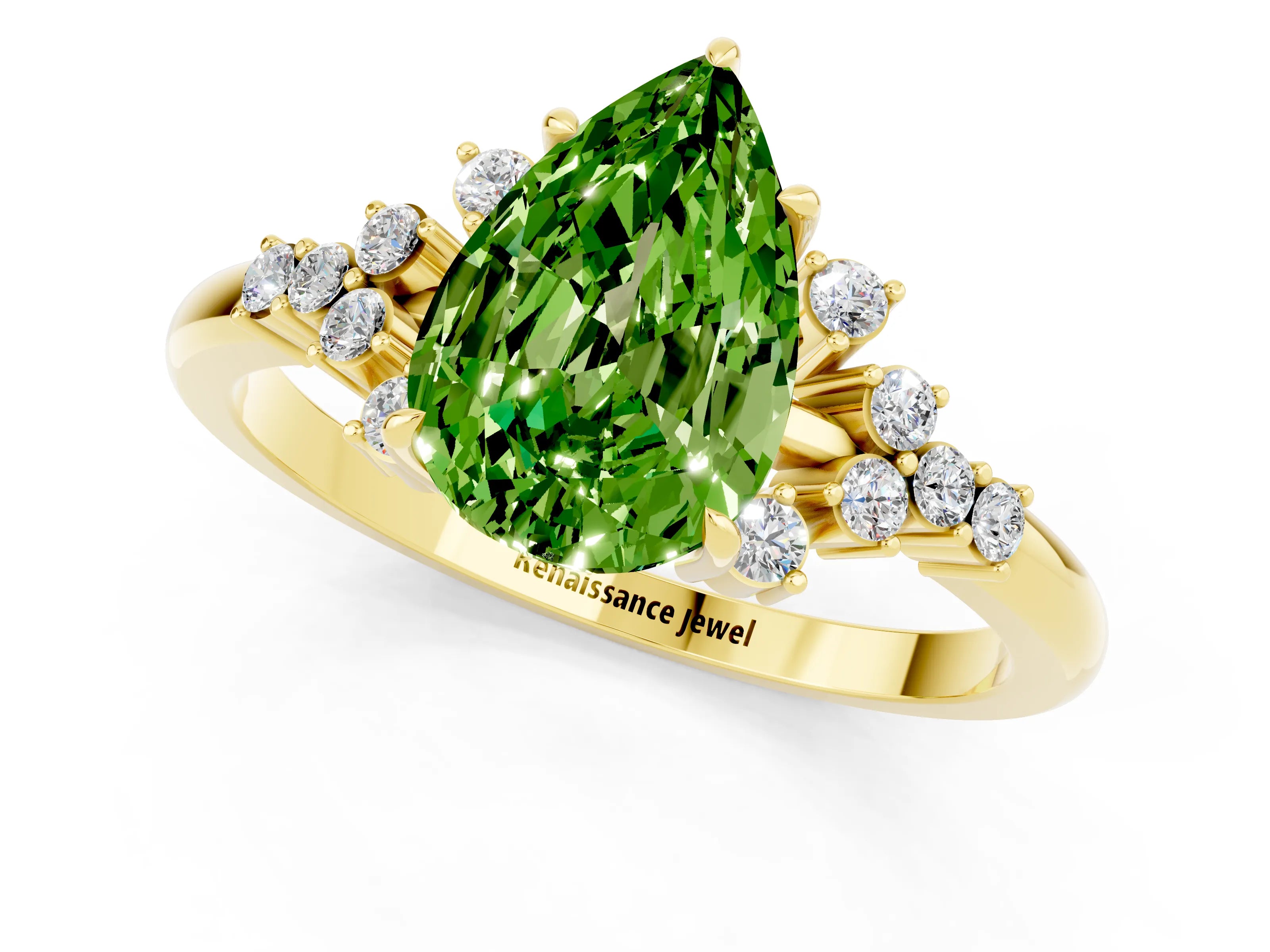 Yellow gold Pear Cut Peridot Ring with Side Stones and Four-Prong Setting_37
