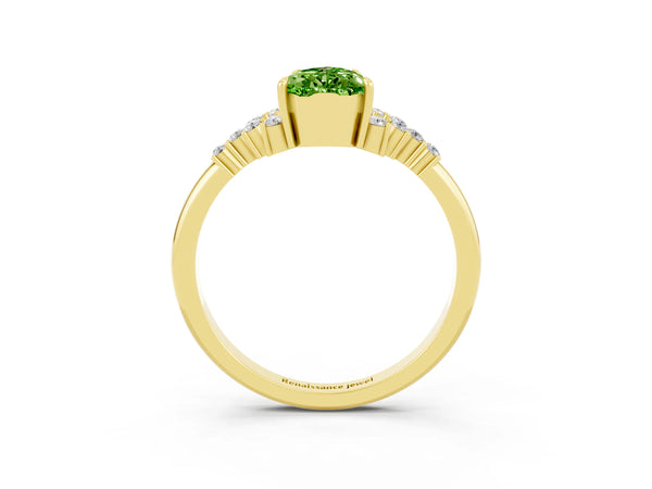 Yellow gold Pear Cut Peridot Ring with Side Stones and Four-Prong Setting