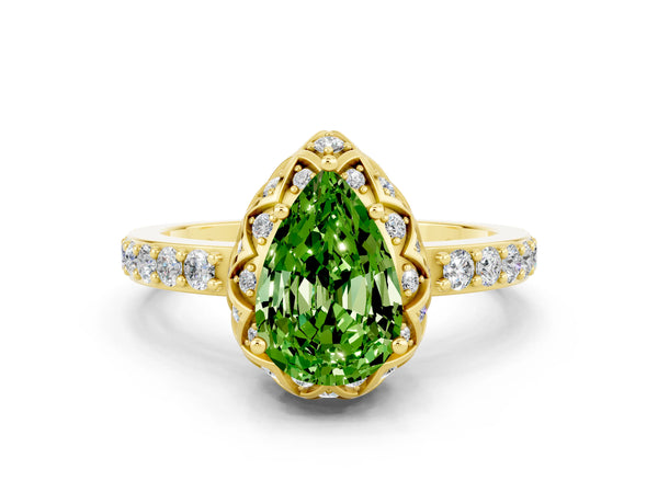 Yellow gold Pear Cut Peridot Scalloped Halo Engagement Ring with Round Shared Prong Band