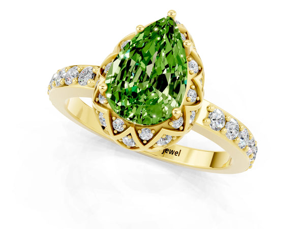 Yellow gold Pear Cut Peridot Scalloped Halo Engagement Ring with Round Shared Prong Band