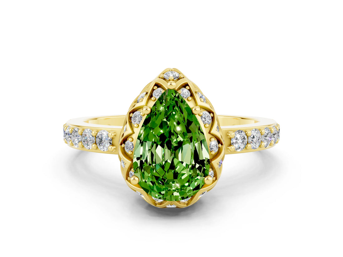 Yellow gold Pear Cut Peridot Scalloped Halo Engagement Ring with Round Shared Prong Band_24