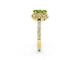 Yellow gold Pear Cut Peridot Scalloped Halo Engagement Ring with Round Shared Prong Band_26