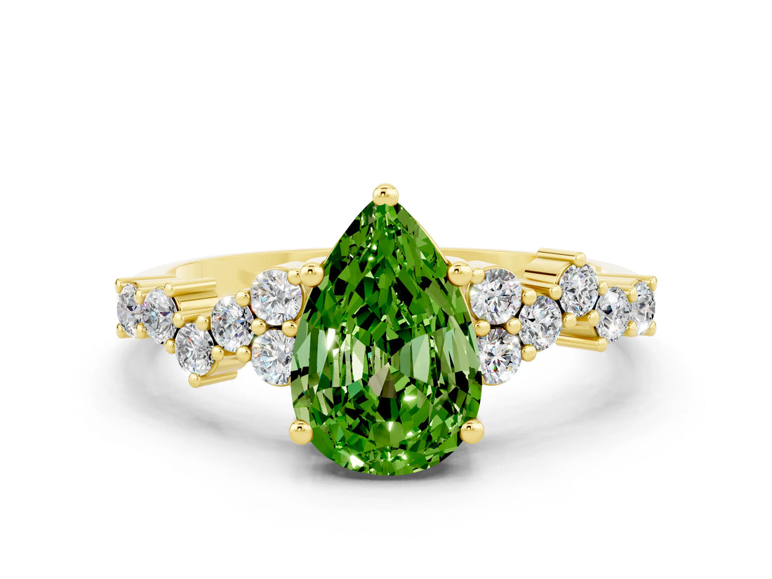 Yellow gold Pear Cut Peridot Scattered Round Accent Ring with Prong Setting_12