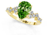 Yellow gold Pear Cut Peridot Scattered Round Accent Ring with Prong Setting_13