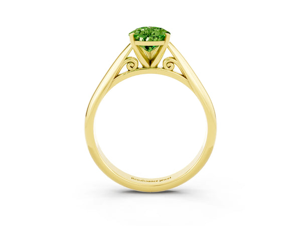 Yellow gold Pear Cut Peridot Solitaire Engagement Ring with Cathedral Setting and Four-Prong Mount