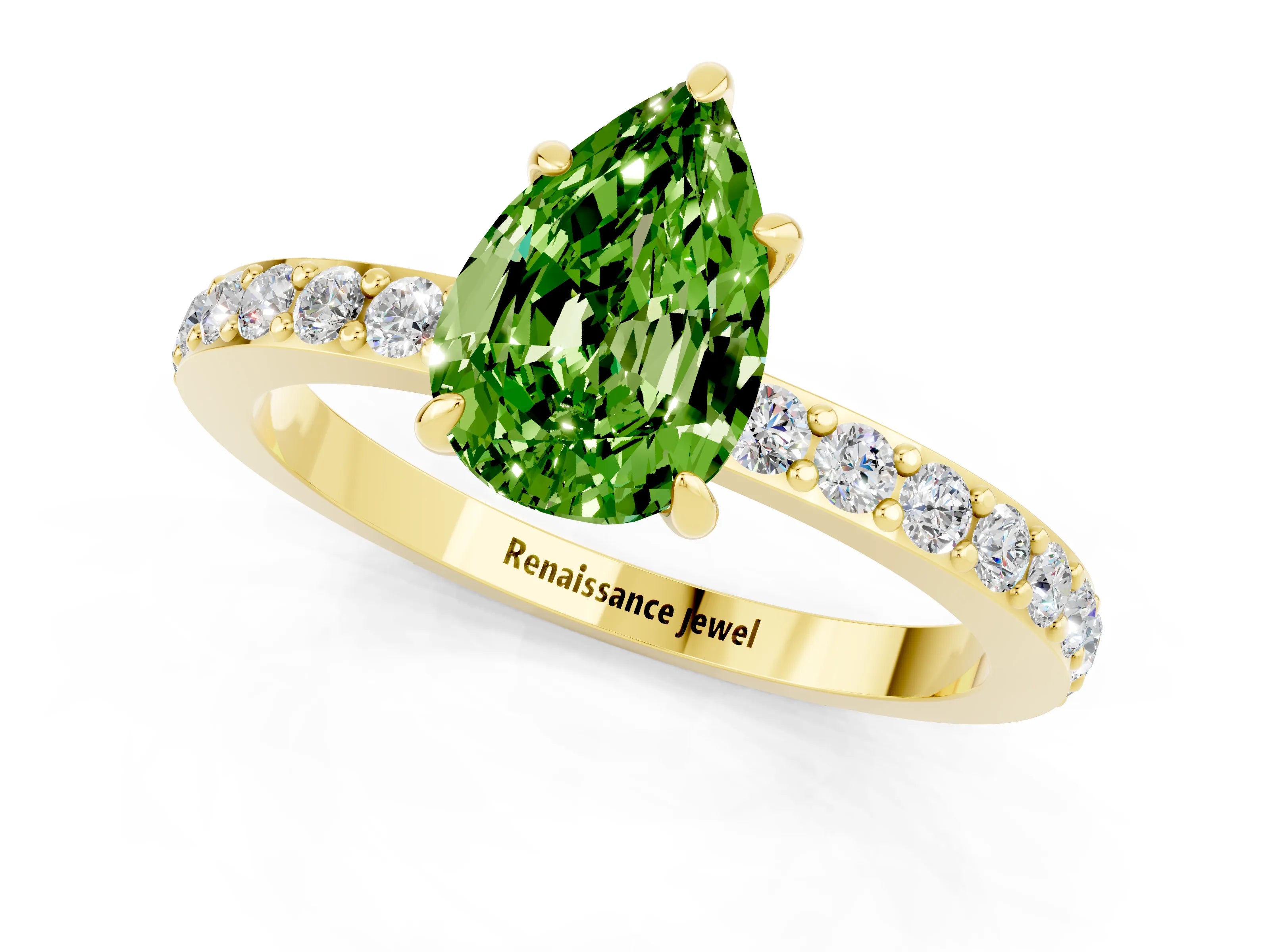 Yellow gold Pear Cut Peridot Solitaire Engagement Ring with Pavé Band and Four-Prong Setting_1