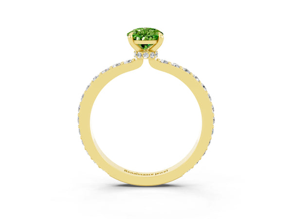 Yellow gold Pear Cut Peridot Solitaire Engagement Ring with Pavé Band and Four-Prong Setting