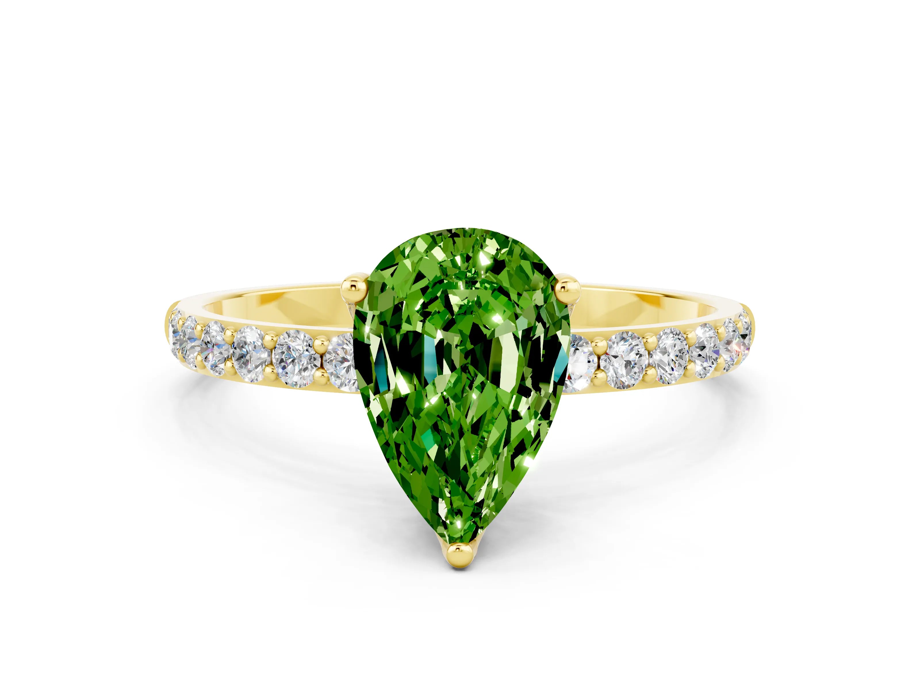 Yellow gold Pear Cut Peridot Solitaire Engagement Ring with Pavé Band and Prong Setting