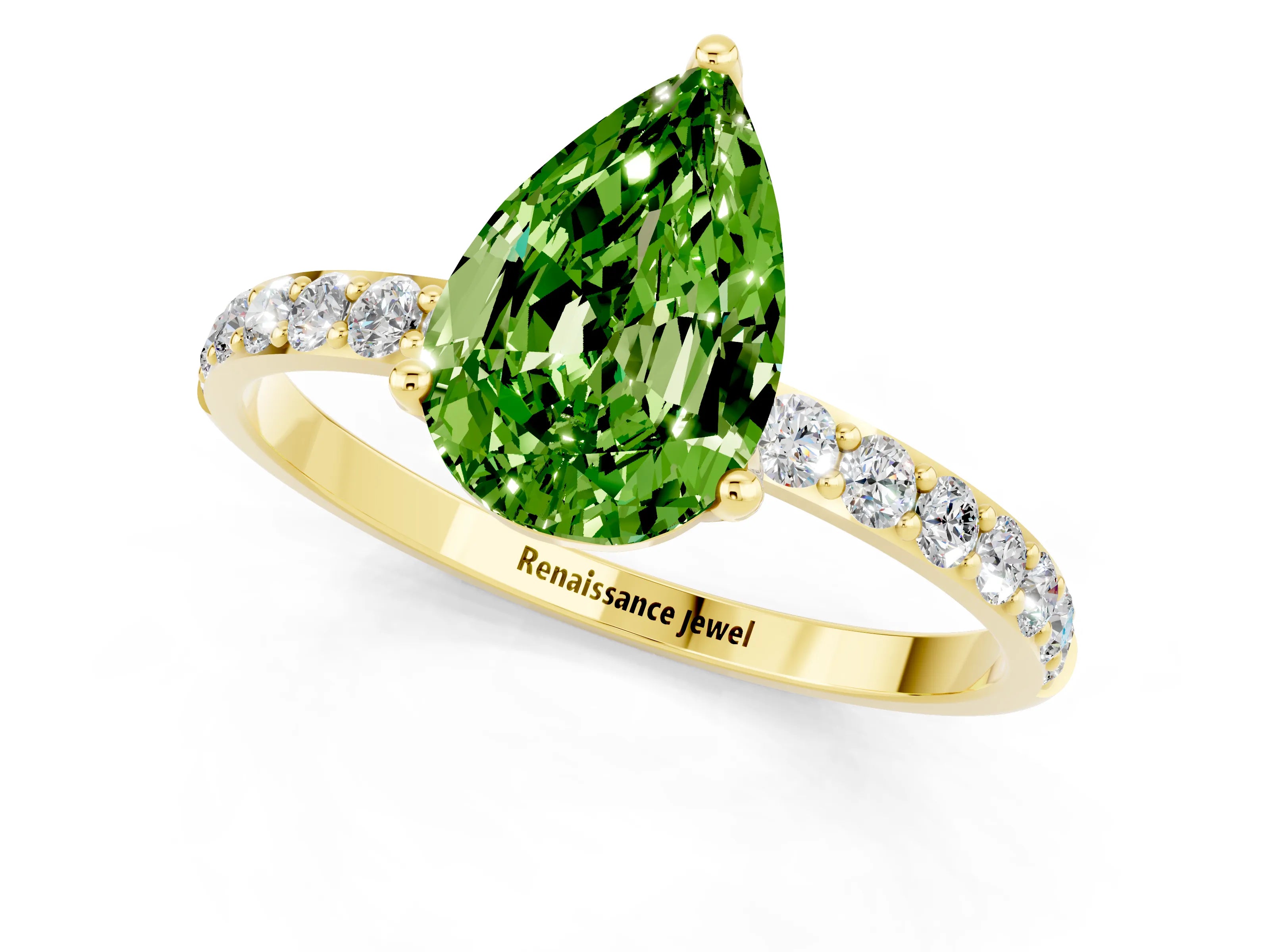 Yellow gold Pear Cut Peridot Solitaire Engagement Ring with Pavé Band and Prong Setting_1