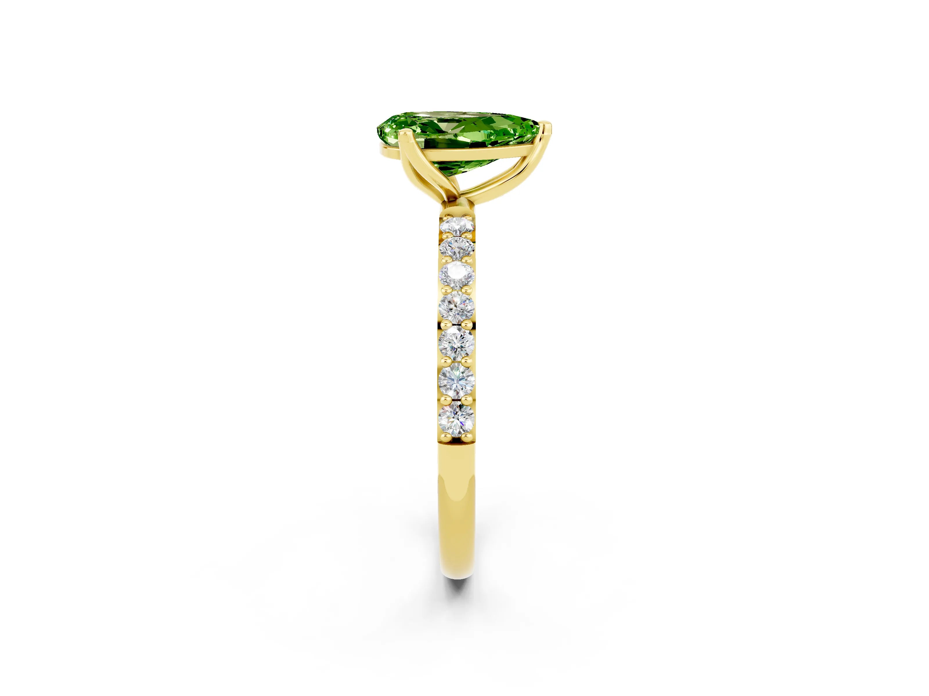 Yellow gold Pear Cut Peridot Solitaire Engagement Ring with Pavé Band and Prong Setting_2