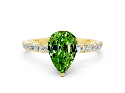 Yellow gold Pear Cut Peridot Solitaire Engagement Ring with Pavé Band and Prong Setting