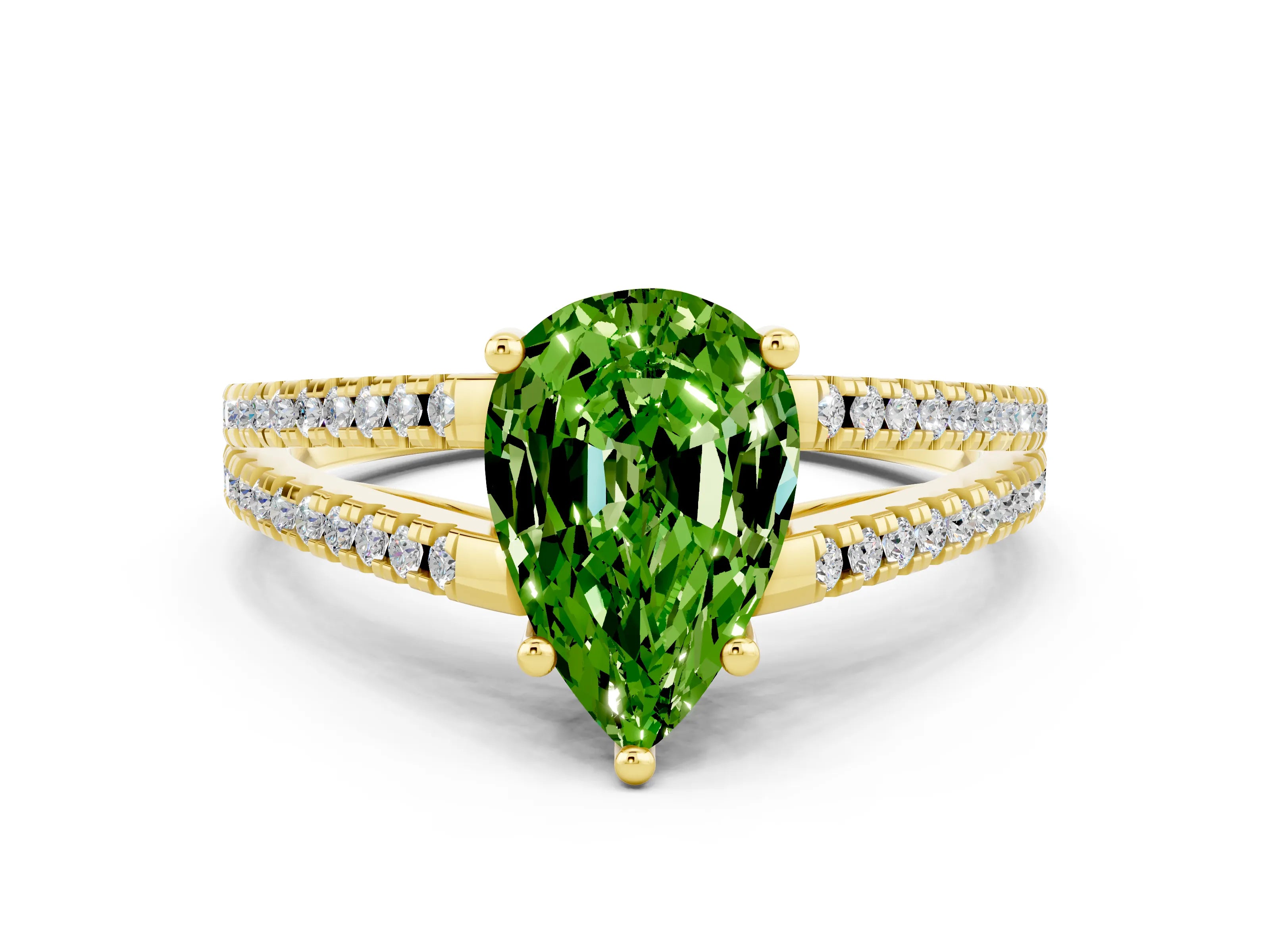 Yellow gold Pear Cut Peridot Solitaire Engagement Ring with Split Shank Pavé Band