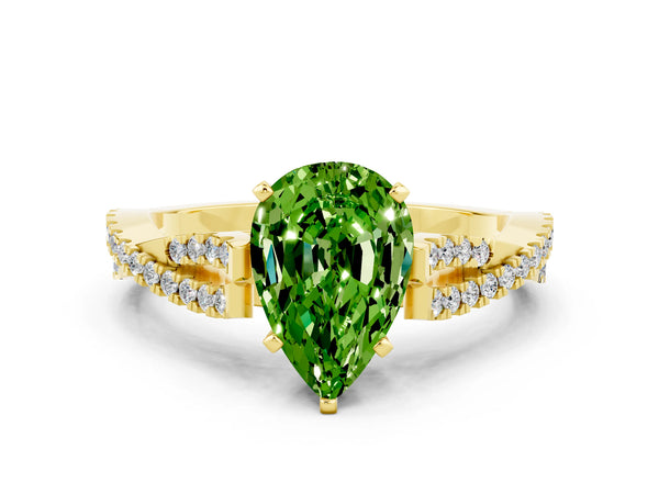 Yellow gold Pear Cut Peridot Solitaire Engagement Ring with Twisted Pavé Band and Four-Prong Setting