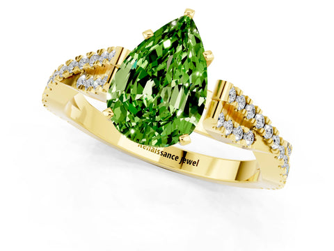 Yellow gold Pear Cut Peridot Solitaire Engagement Ring with Twisted Pavé Band and Four-Prong Setting_1