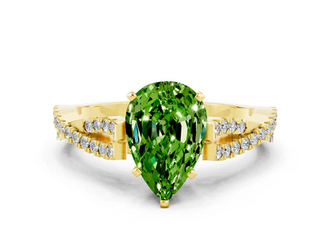Yellow gold Pear Cut Peridot Solitaire Engagement Ring with Twisted Pavé Band and Four-Prong Setting