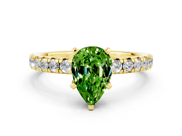 Yellow gold Pear Cut Peridot Solitaire Pavé Engagement Ring with Round Band and Prong Setting