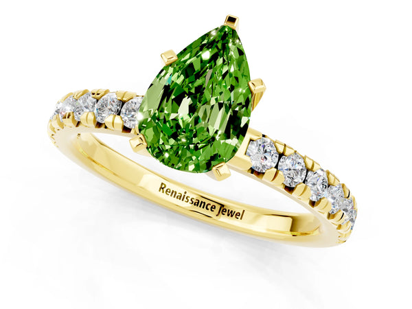 Yellow gold Pear Cut Peridot Solitaire Pavé Engagement Ring with Round Band and Prong Setting