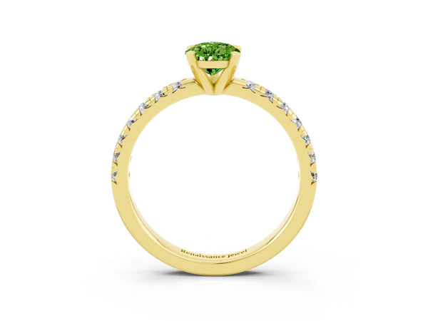 Yellow gold Pear Cut Peridot Solitaire Pavé Engagement Ring with Round Band and Prong Setting