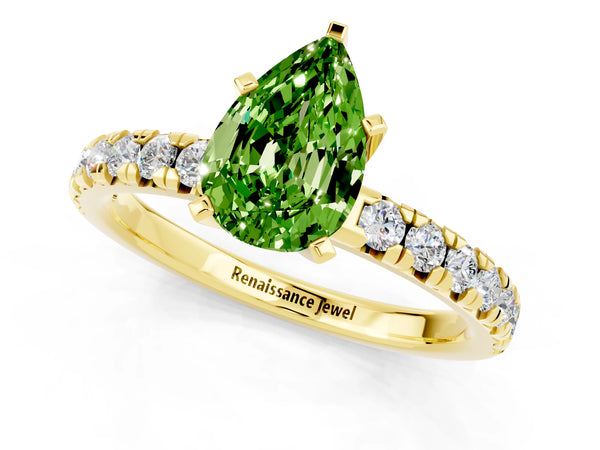 Yellow gold Pear Cut Peridot Solitaire Pavé Engagement Ring with Round Band and Prong Setting