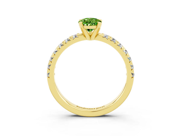 Yellow gold Pear Cut Peridot Solitaire Pavé Engagement Ring with Round Band and Prong Setting
