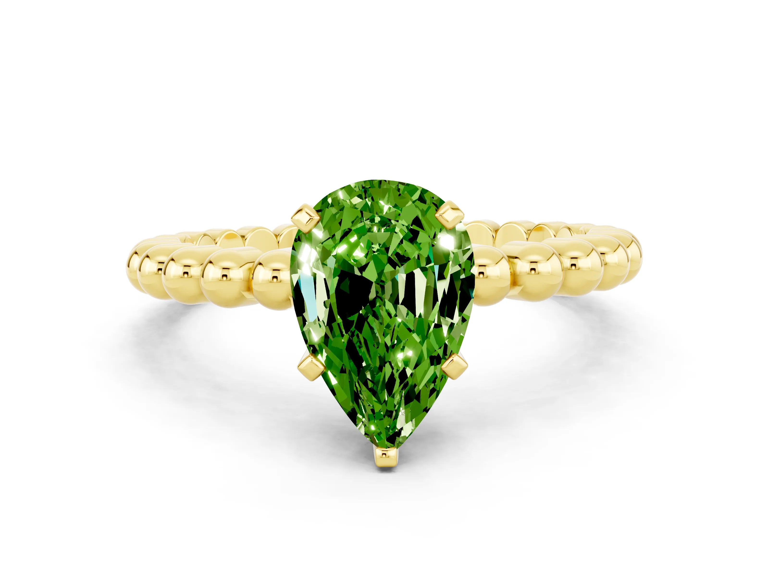 Yellow gold Pear Cut Peridot Solitaire Ring with Beaded Band and Prong Setting