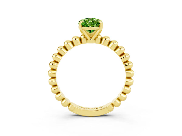 Yellow gold Pear Cut Peridot Solitaire Ring with Beaded Band and Prong Setting