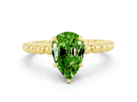Yellow gold Pear Cut Peridot Solitaire Ring with Beaded Band and Prong Setting