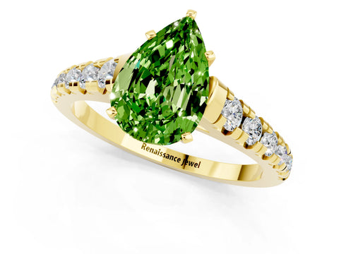 Yellow gold Pear Cut Peridot Solitaire Ring with Cathedral Setting and Pavé Band_1