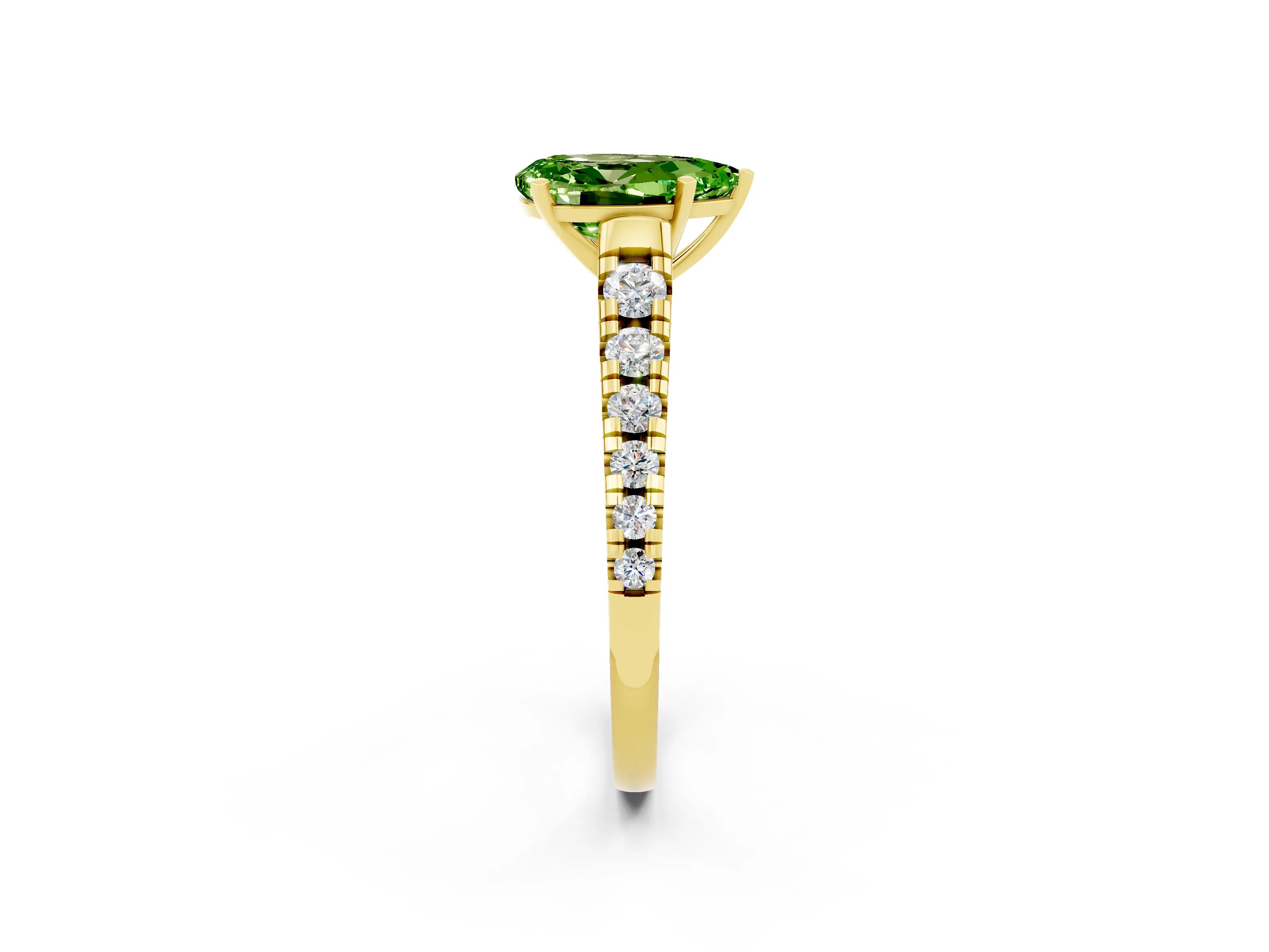 Yellow gold Pear Cut Peridot Solitaire Ring with Cathedral Setting and Pavé Band_2