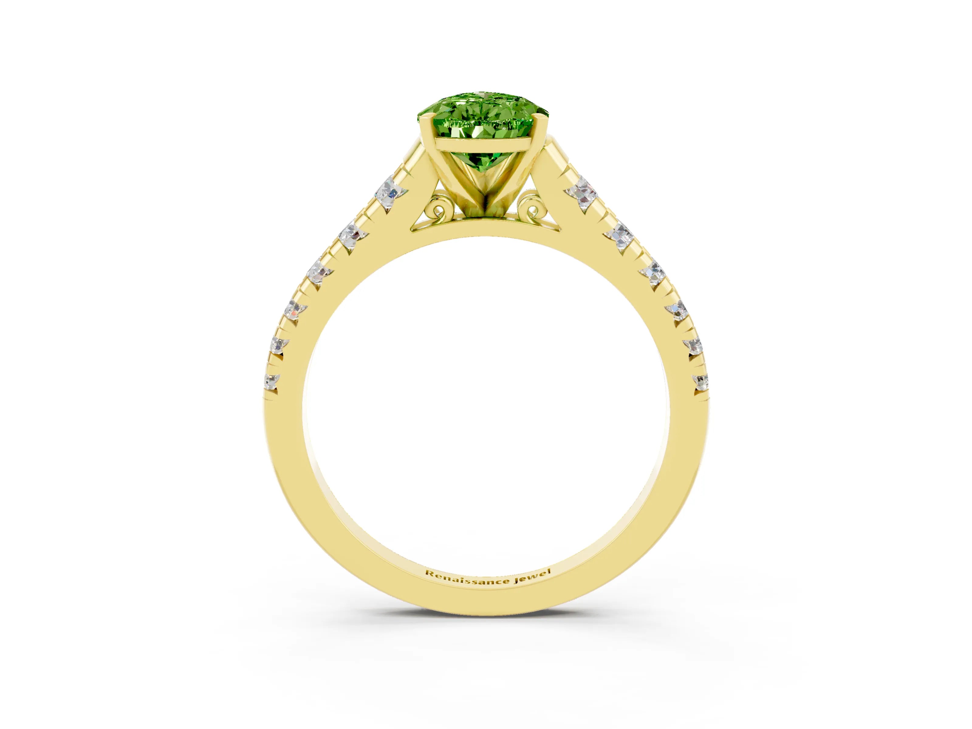 Yellow gold Pear Cut Peridot Solitaire Ring with Cathedral Setting and Pavé Band_3
