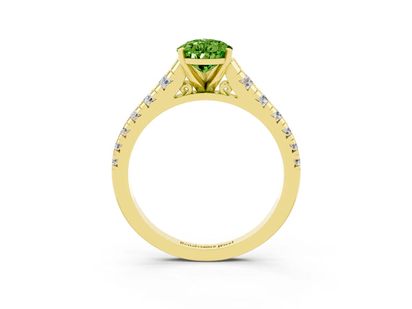 Yellow gold Pear Cut Peridot Cathedral Solitaire Ring with Round  Pavé Band