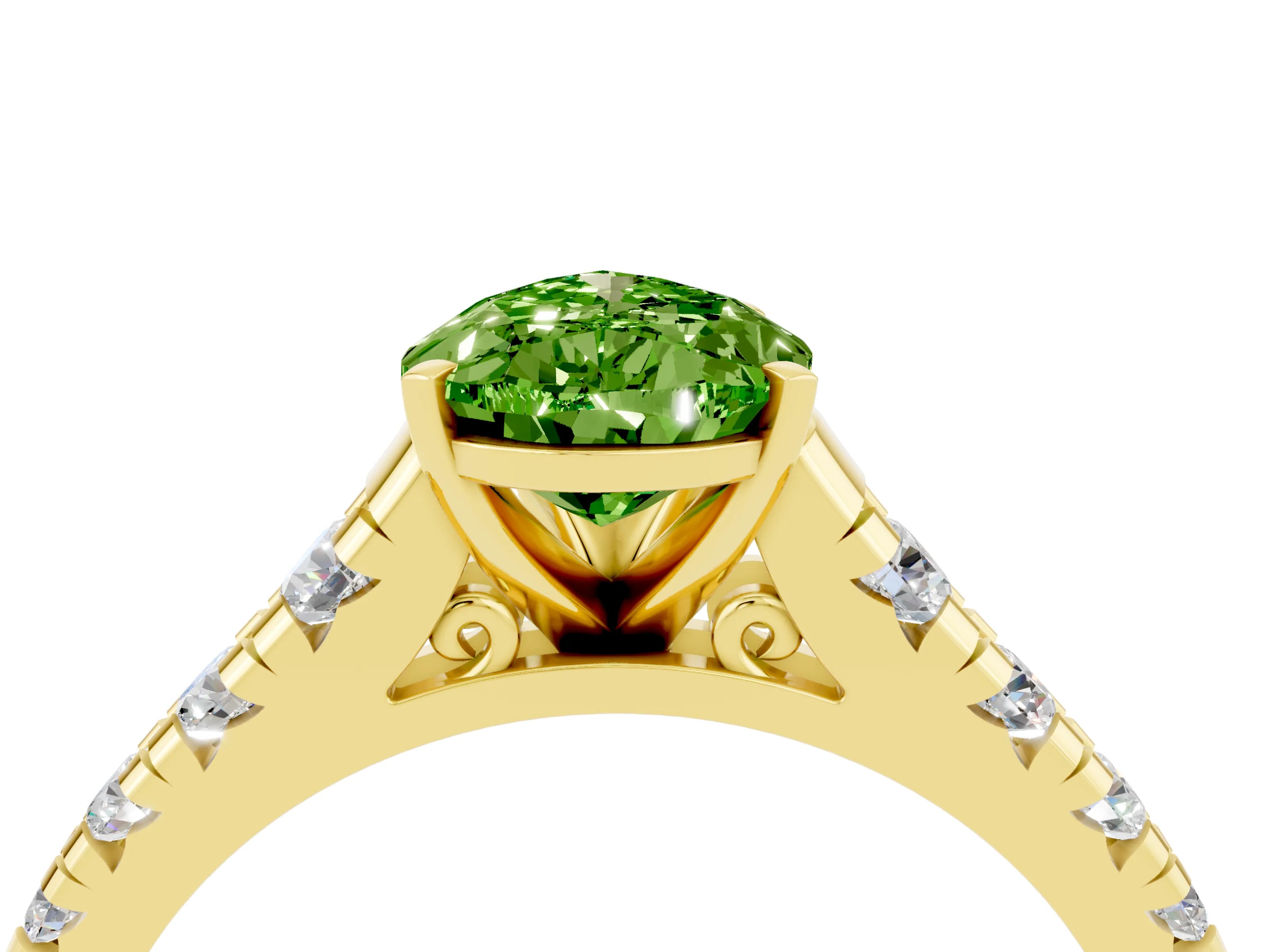 Yellow gold Pear Cut Peridot Solitaire Ring with Cathedral Setting and Pavé Band_4