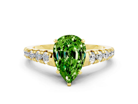 Yellow gold Pear Cut Peridot Solitaire Ring with Cathedral Setting and Pavé Band
