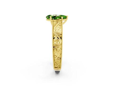 Yellow gold Pear Cut Peridot Solitaire Ring with Engraved Band and Four-Prong Setting_2
