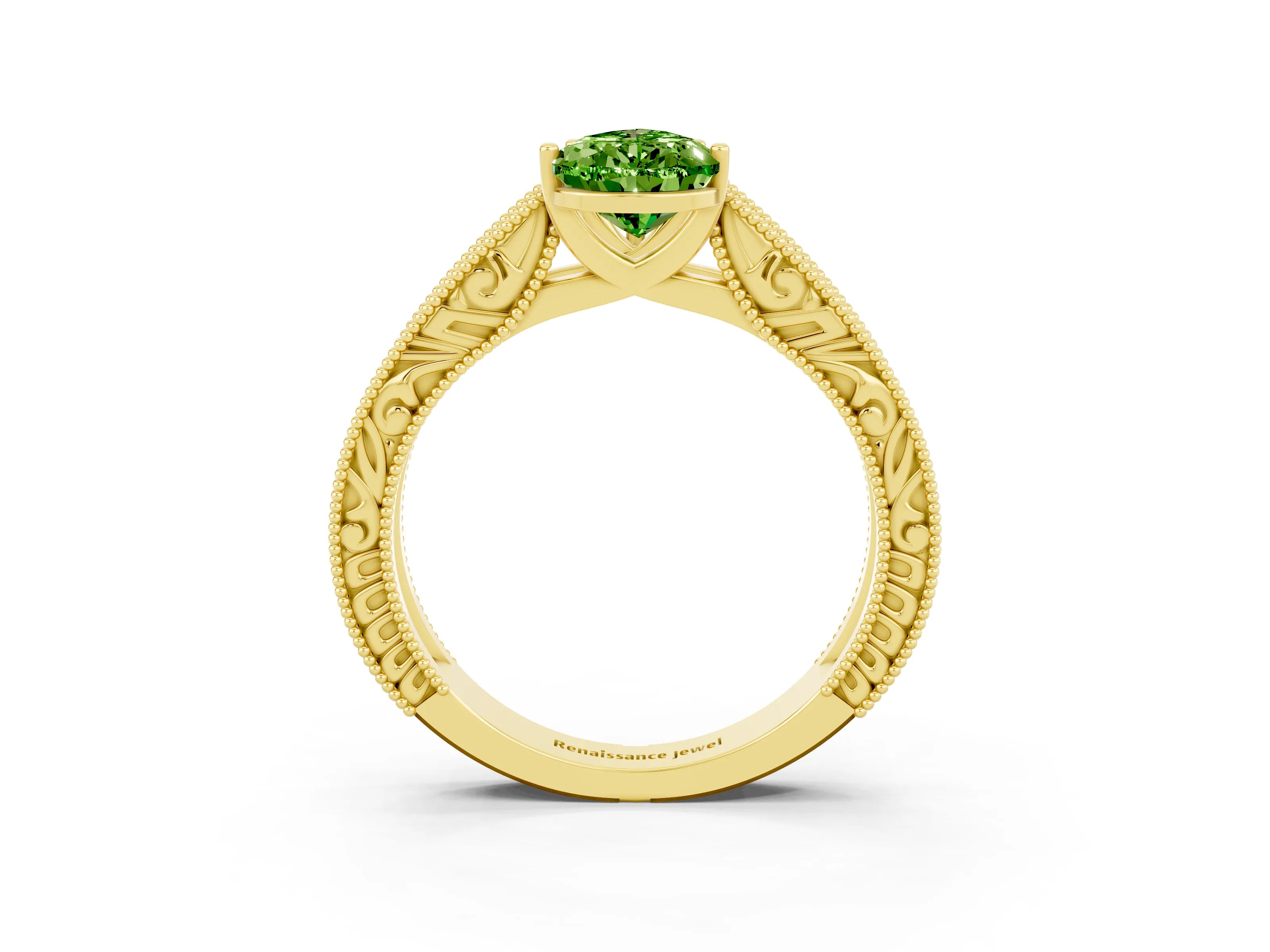 Yellow gold Pear Cut Peridot Solitaire Ring with Engraved Band and Four-Prong Setting_3