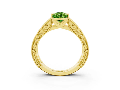 Yellow gold Pear Cut Peridot Solitaire Ring with Engraved Band and Four-Prong Setting_3