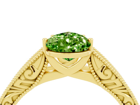 Yellow gold Pear Cut Peridot Solitaire Ring with Engraved Band and Four-Prong Setting_4