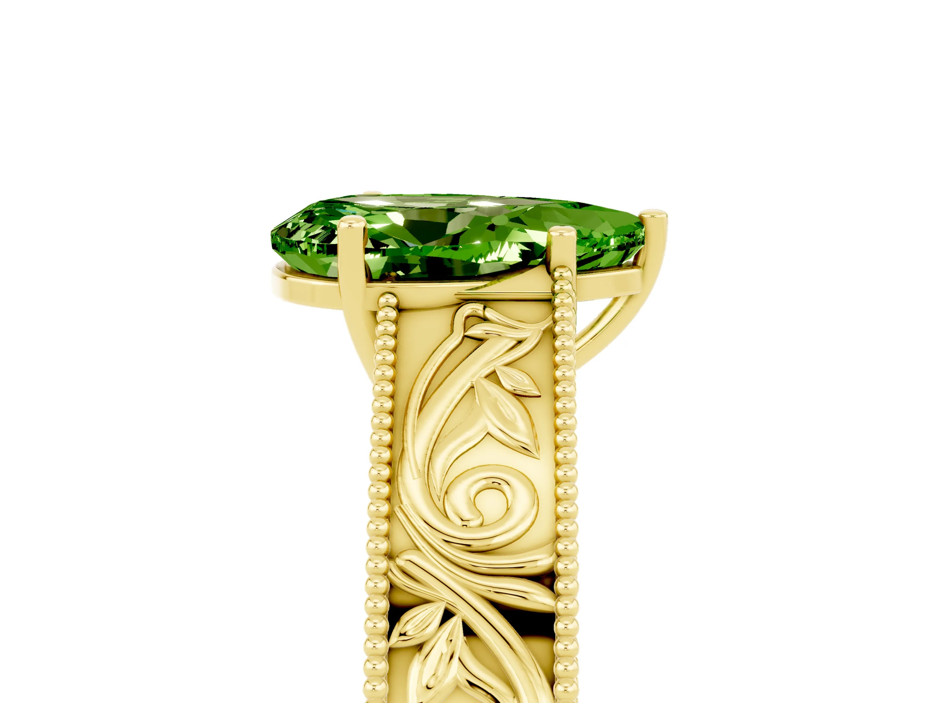 Yellow gold Pear Cut Peridot Solitaire Ring with Engraved Band and Four-Prong Setting_5