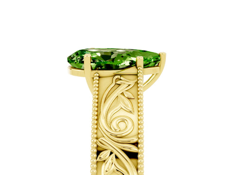 Yellow gold Pear Cut Peridot Solitaire Ring with Engraved Band and Four-Prong Setting_5