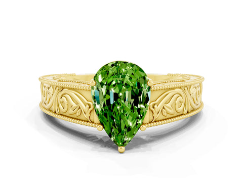 Yellow gold Pear Cut Peridot Solitaire Ring with Engraved Band and Four-Prong Setting