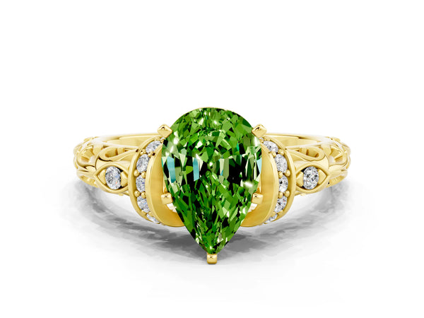 Yellow gold Pear Cut Peridot Solitaire Ring with Filigree Band and Four-Prong Setting