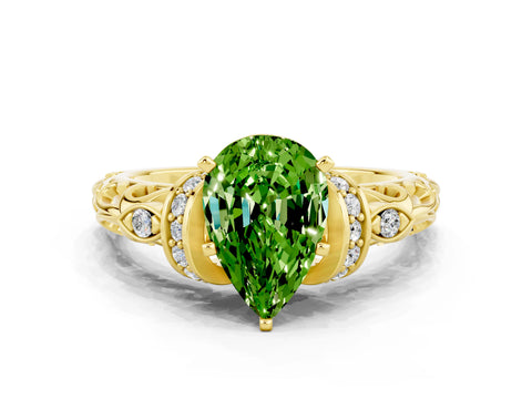 Yellow gold Pear Cut Peridot Solitaire Ring with Filigree Band and Four-Prong Setting_24
