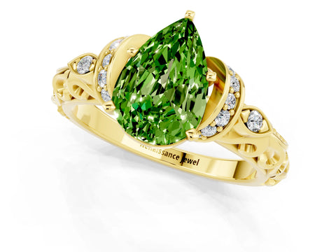 Yellow gold Pear Cut Peridot Solitaire Ring with Filigree Band and Four-Prong Setting_25