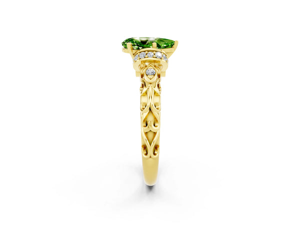 Yellow gold Pear Cut Peridot Solitaire Ring with Filigree Band and Four-Prong Setting