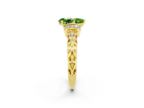 Yellow gold Pear Cut Peridot Solitaire Ring with Filigree Band and Four-Prong Setting_26
