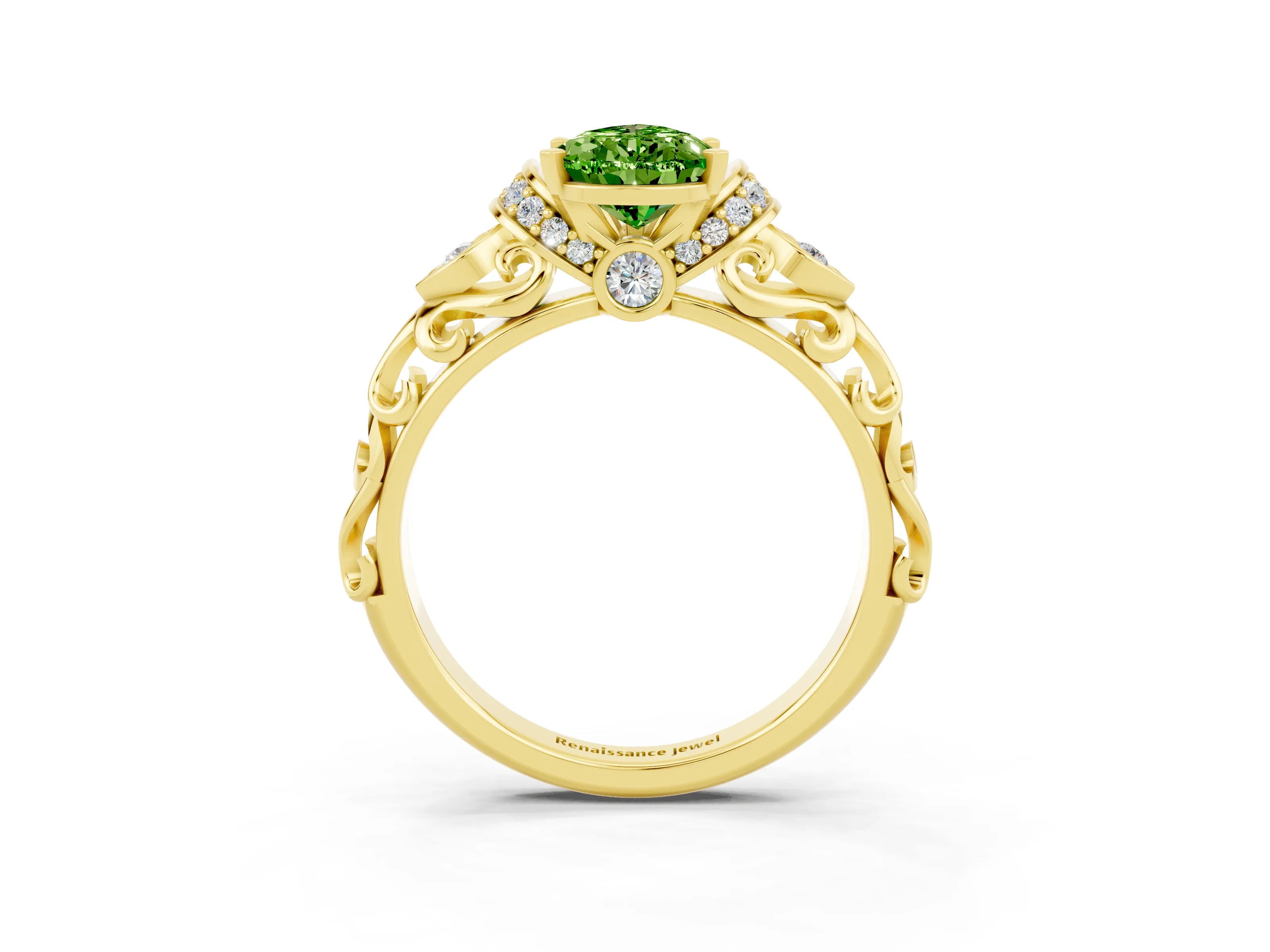 Yellow gold Pear Cut Peridot Solitaire Ring with Filigree Band and Four-Prong Setting_27