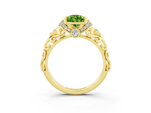 Yellow gold Pear Cut Peridot Solitaire Ring with Filigree Band and Four-Prong Setting